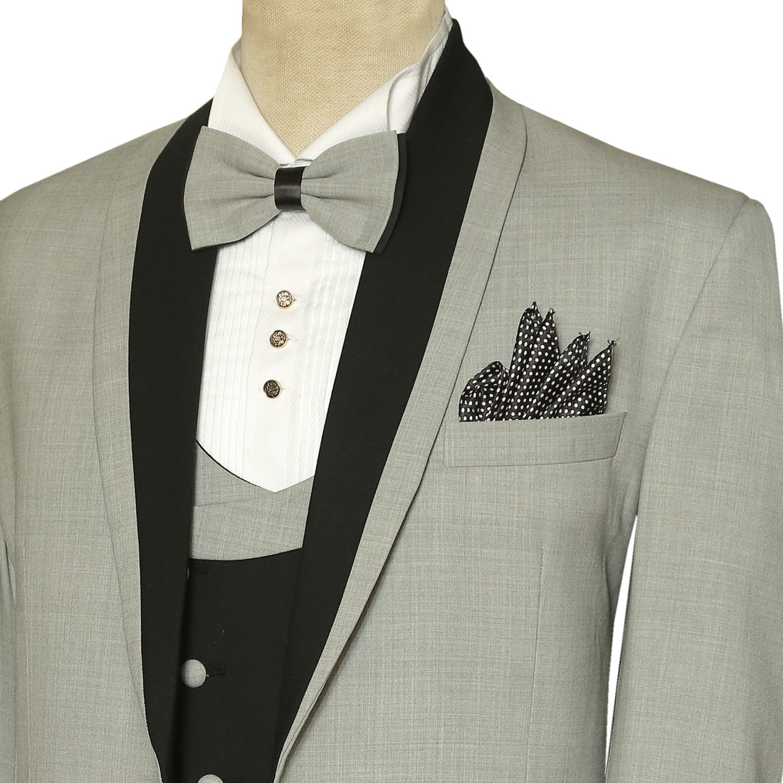 Black and Grey Contras Shawl Lapel Tuxedo Suit With Bow And Pocket Square