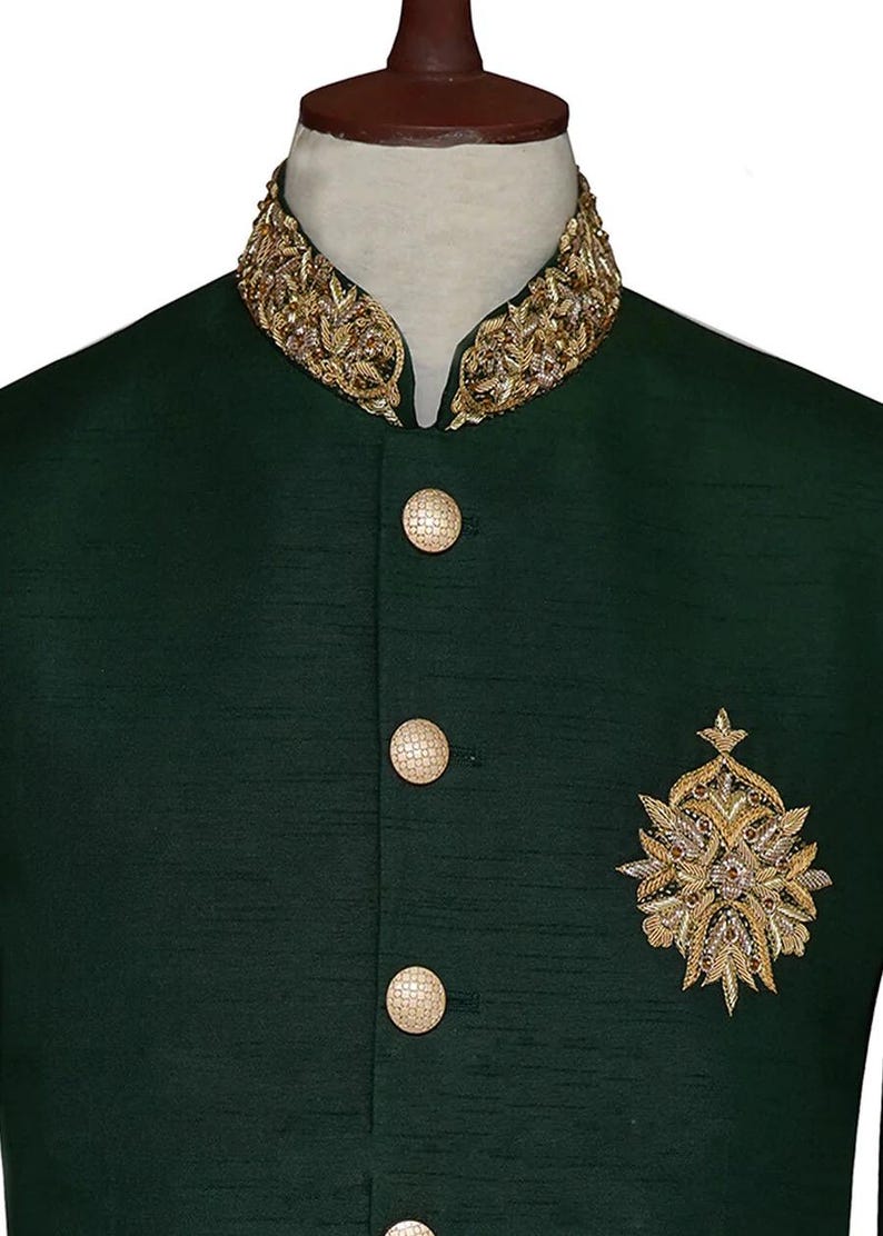 Green silk embroidered hand embroidered jodhpuri suit men for groom and wedding,Men Bandhgala Party Suit
