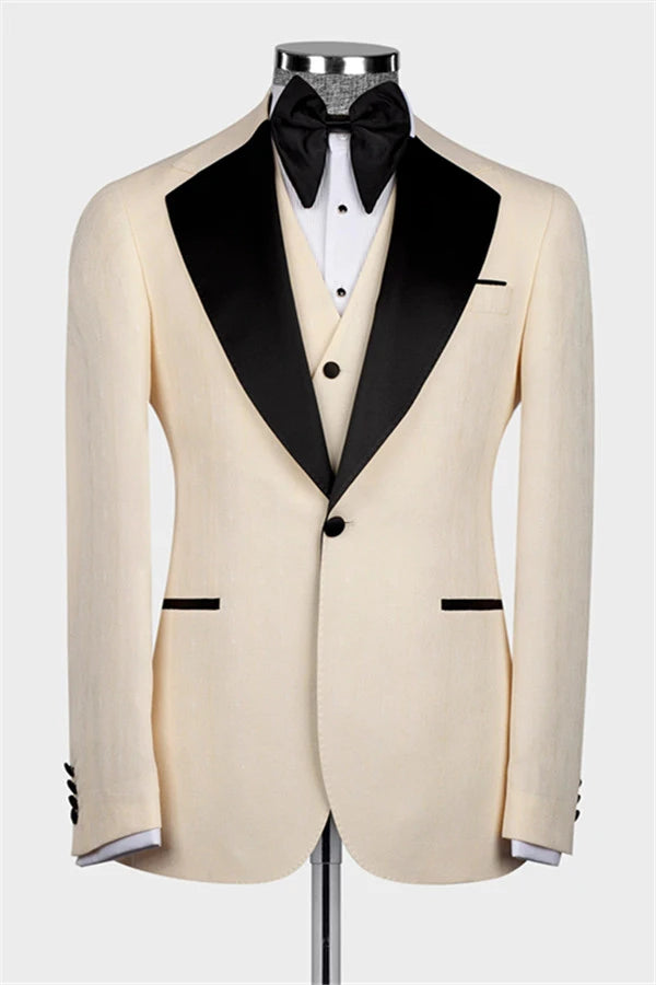 Beige Slim-Fit Blazer 3-Piece Suit & Bow