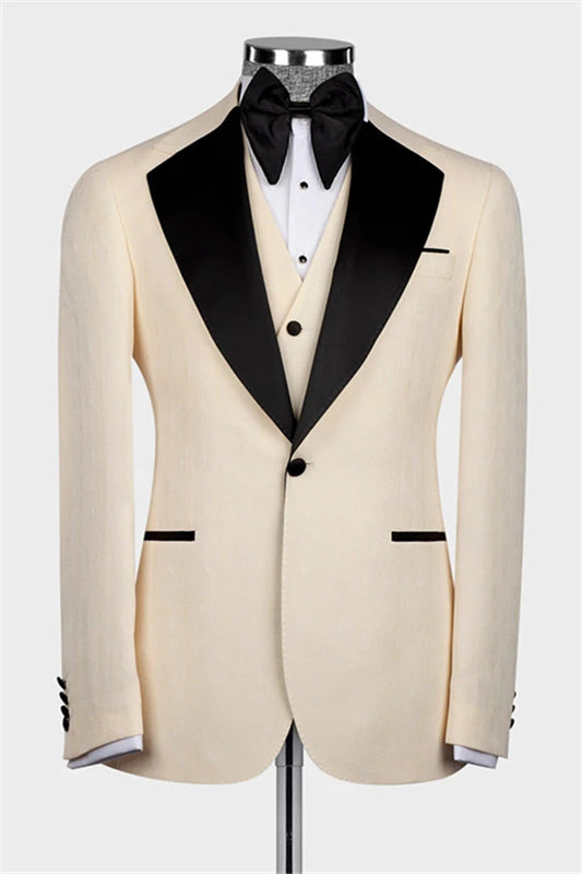 Beige Slim-Fit Blazer 3-Piece Suit & Bow