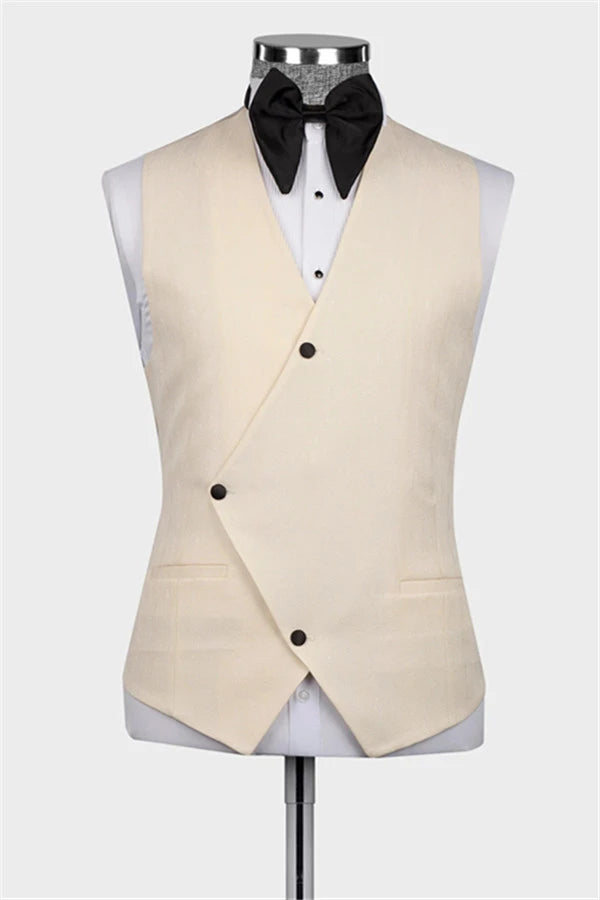 Beige Slim-Fit Blazer 3-Piece Suit & Bow