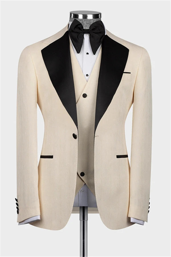 Beige Slim-Fit Blazer 3-Piece Suit & Bow