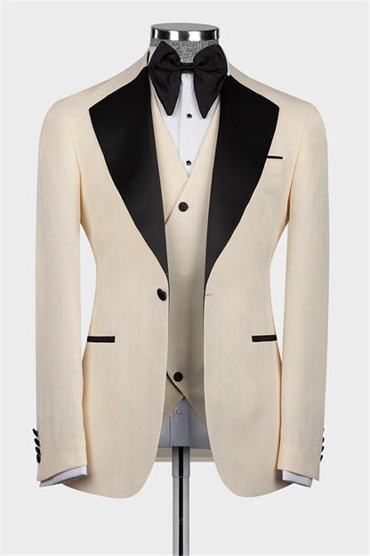 Beige Slim-Fit Blazer 3-Piece Suit & Bow