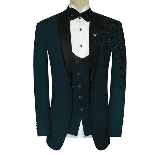 Men Luxry Suit, Hand-Made Embroidery Black Cutdana , 3Piece Suit Black Laple Wedding Party Suit