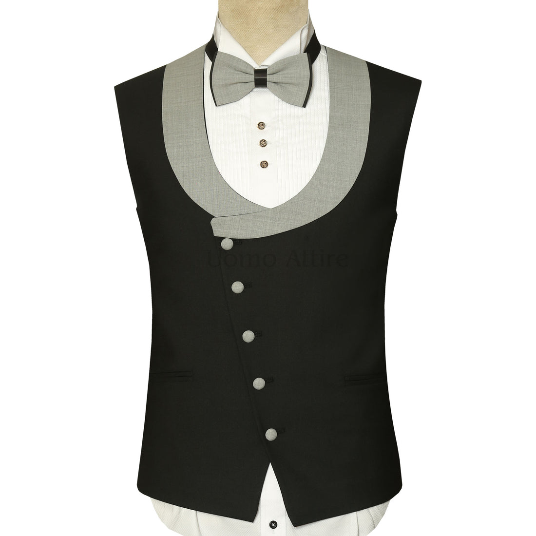 Black and Grey Contras Shawl Lapel Tuxedo Suit With Bow And Pocket Square