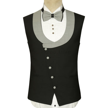 Black and Grey Contras Shawl Lapel Tuxedo Suit With Bow And Pocket Square