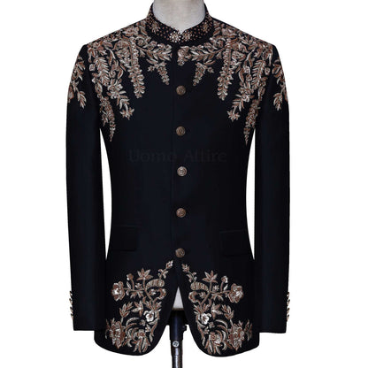 Men's Black Handcraft Prince Jodhpuri Suit,Machine Embroidered Zari Resham Work Wedding and Party Wear Banghgala Suit