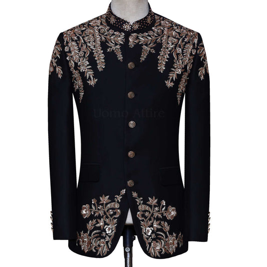 Men's Black Handcraft Prince Jodhpuri Suit,Machine Embroidered Zari Resham Work Wedding and Party Wear Banghgala Suit