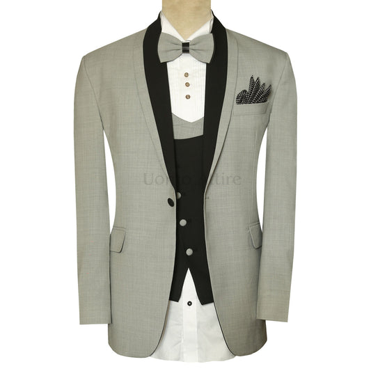 Black and Grey Contras Shawl Lapel Tuxedo Suit With Bow And Pocket Square