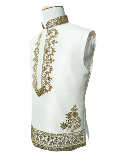 Men's Bandhgala Jacket Hand-Made Golden Zari Work Hide Button