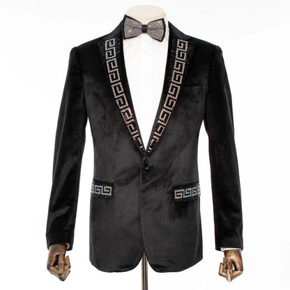 Men's Black Velvet Suit With White & Black Stone  Single Bress Suit