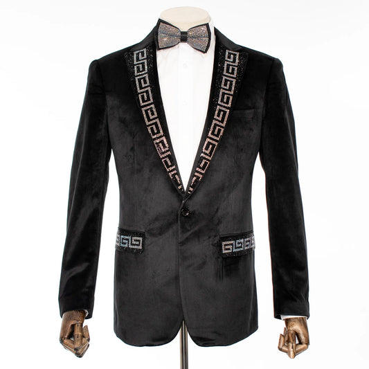 Men's Black Velvet Suit With White & Black Stone  Single Bress Suit