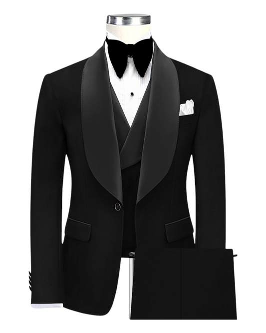Tuxedo Suit With Satin Black Shawl Lapel With Vest Coat Bow, Men 3Piece  Wedding Party Suit