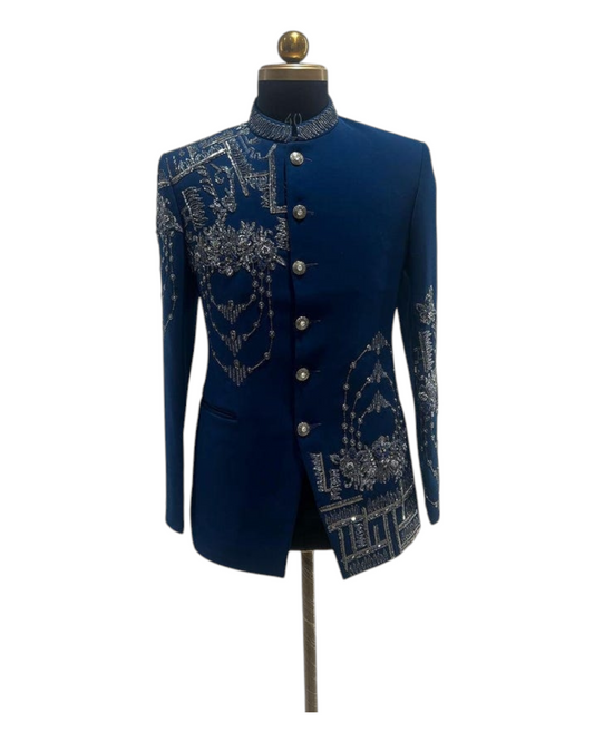 Men's Turkish Blue Handcrafted Style Jodhpuri Bandhgala Suit