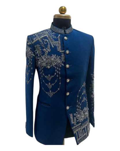 Men's Turkish Blue Handcrafted Style Jodhpuri Bandhgala Suit