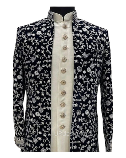 Black Valvet Thread Embroidery Work Prince Indo-Western Suit