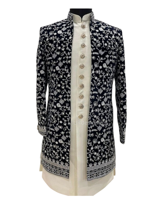 Black Valvet Thread Embroidery Work Prince Indo-Western Suit