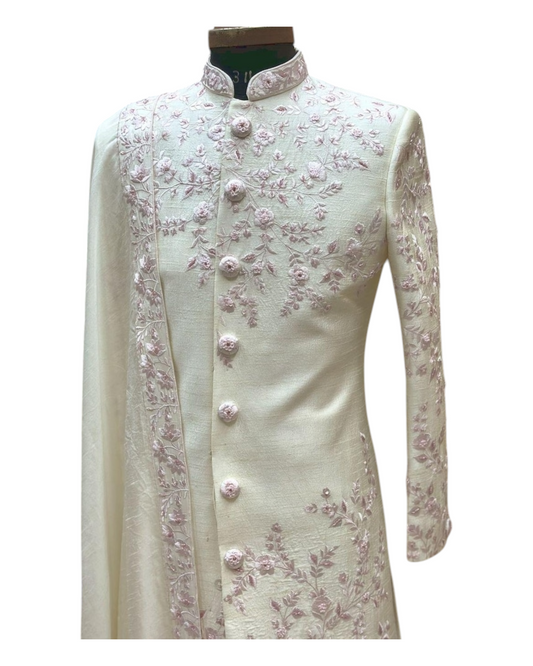 Men's Off White Raw Silk Thread and Hand Work Embroidery Sherwani Set | Designer Exclusive Stylish Groom Sherwani Set