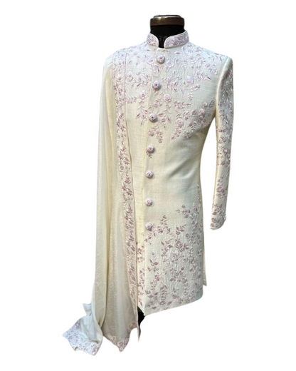 Men's Off White Raw Silk Thread and Hand Work Embroidery Sherwani Set | Designer Exclusive Stylish Groom Sherwani Set