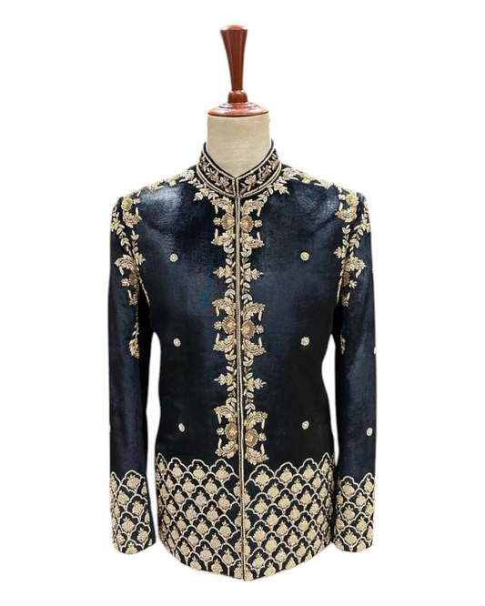 Black Velvet Prince Coat for Men, handmade Embroidry Golden Work Prince Coat for Groom, Wedding Coat for Men,