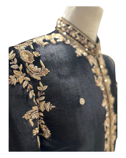 Black Velvet Prince Coat for Men, handmade Embroidry Golden Work Prince Coat for Groom, Wedding Coat for Men,