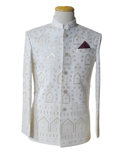 Made White Chikankari  Embroidered Jodhpuri Suit Bandhgala For Men Designer Custom Made