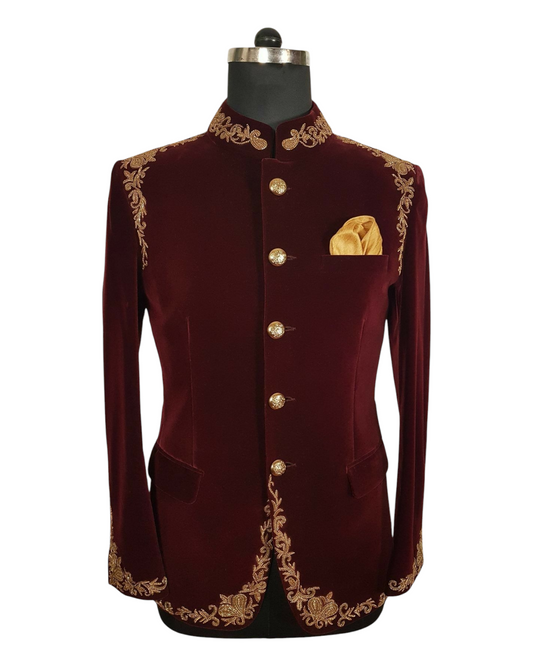 Men Jodhpuri, Hand-Made Golden Embroidery Bandhgla Velvet Suit