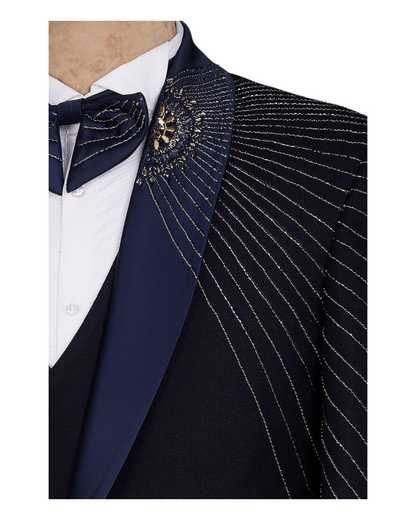 Midnight Blue embroidered tuxedo 3 piece suit with shirt and bow tie for groom engagement prom dinner and casual parties