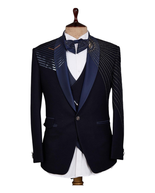 Midnight Blue embroidered tuxedo 3 piece suit with shirt and bow tie for groom engagement prom dinner and casual parties