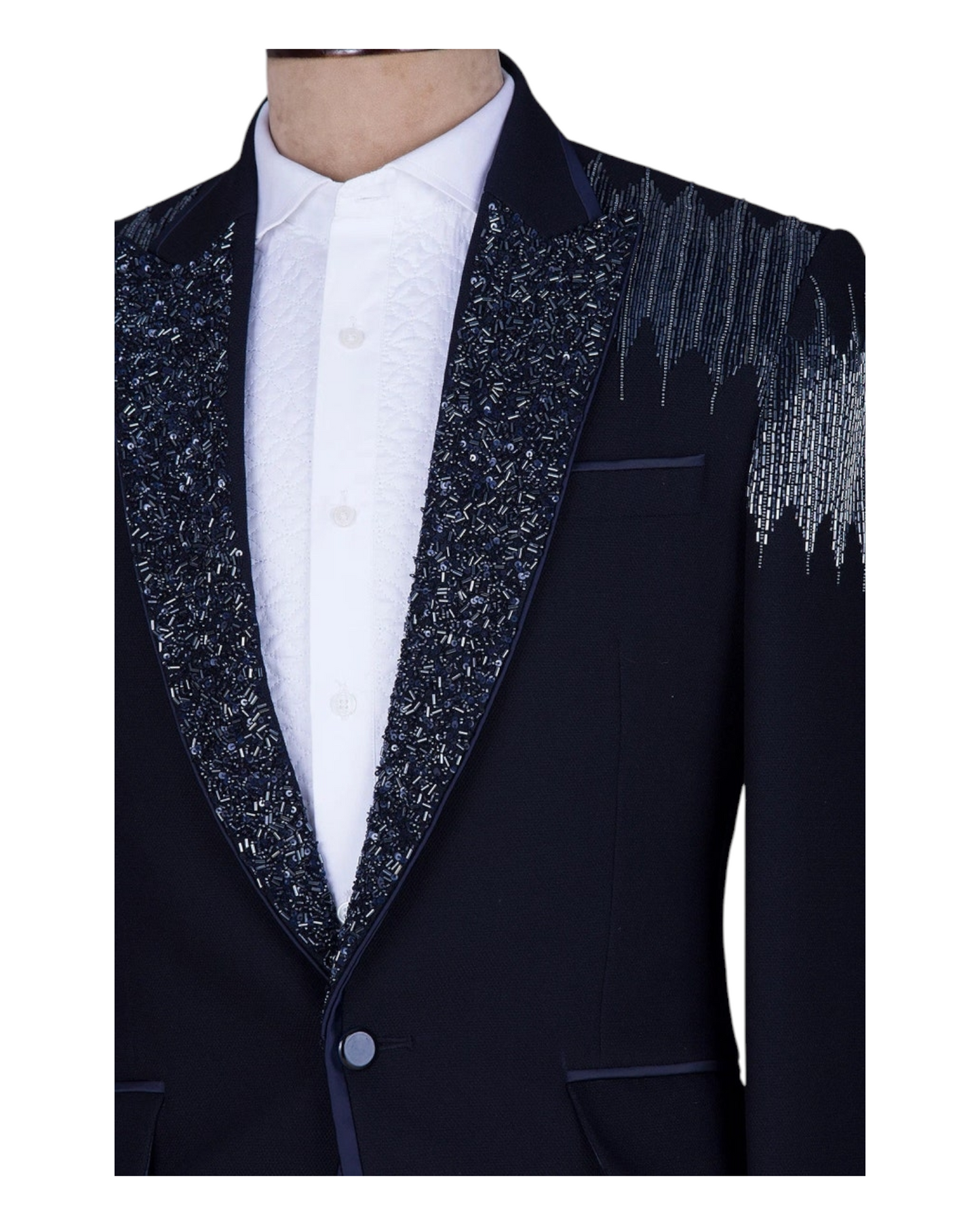 Men Luxry Navy Blue Hand-work Tuxedo 3Piece Suit With Same Color Pant & Vest Coat