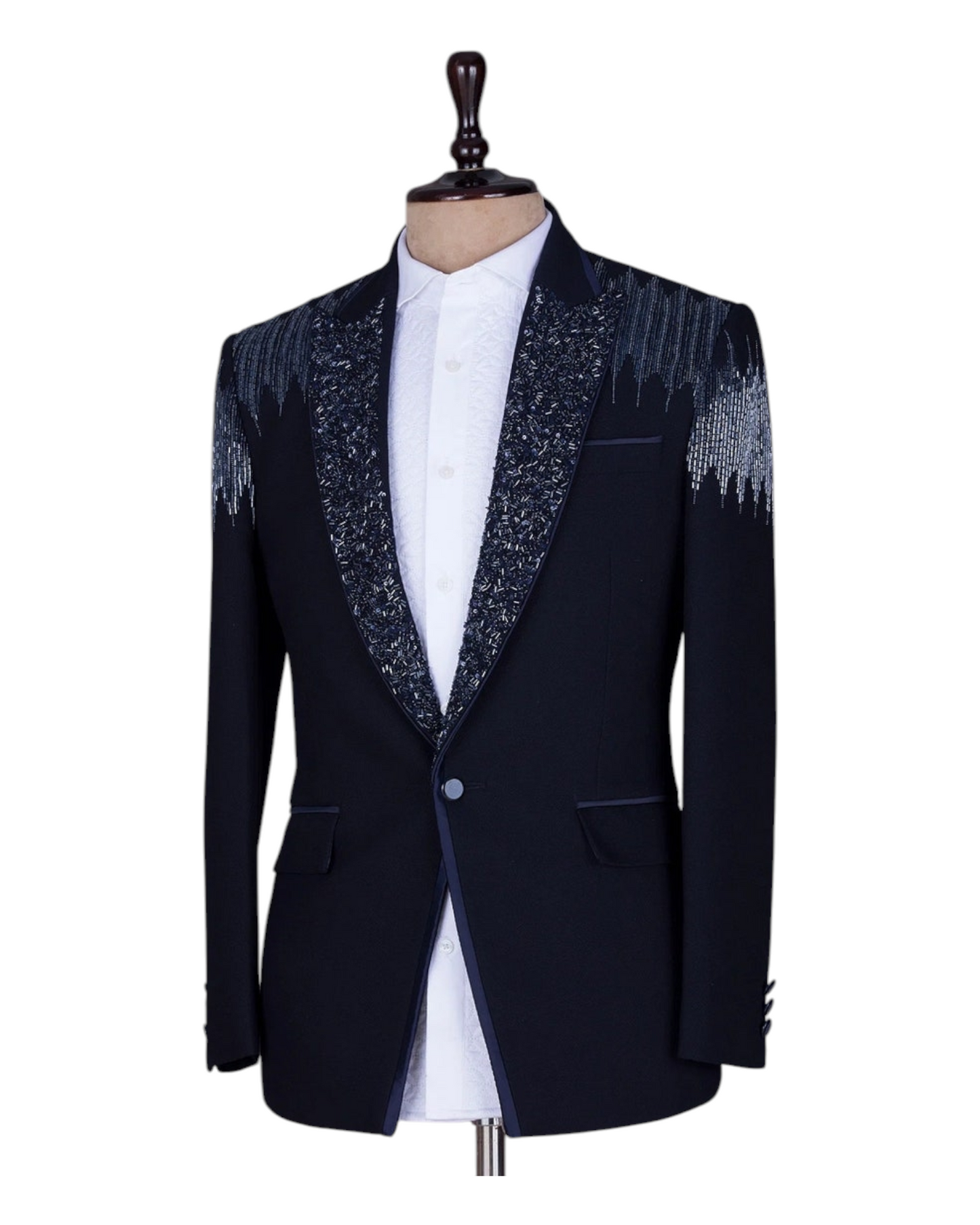 Men Luxry Navy Blue Hand-work Tuxedo 3Piece Suit With Same Color Pant & Vest Coat