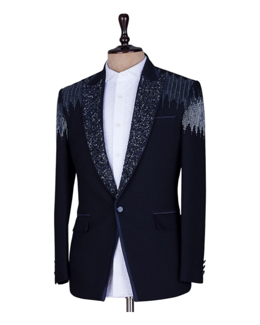 Men Luxry Navy Blue Hand-work Tuxedo 3Piece Suit With Same Color Pant & Vest Coat
