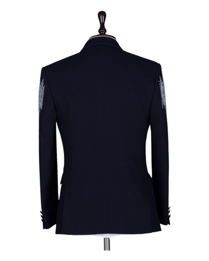 Men Luxry Navy Blue Hand-work Tuxedo 3Piece Suit With Same Color Pant & Vest Coat