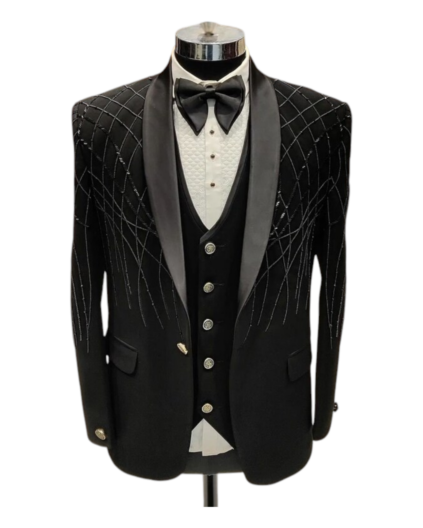 Men Black Embroidery Tuxedo Suit , Wedding Suit
