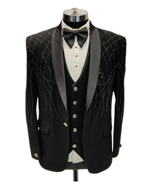 Men Black Embroidery Tuxedo Suit , Wedding Suit