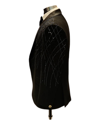 Men Black Embroidery Tuxedo Suit , Wedding Suit