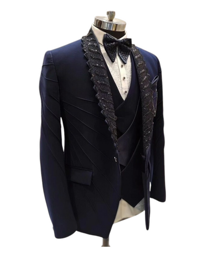Black Hand Embroidered Tuxedo Suit, Zari Black Cutdana Work Tuxedo Suit, Hand Embroidered Designer 3Piece & Bow Tuxedo suit,  wedding party suit, custom size