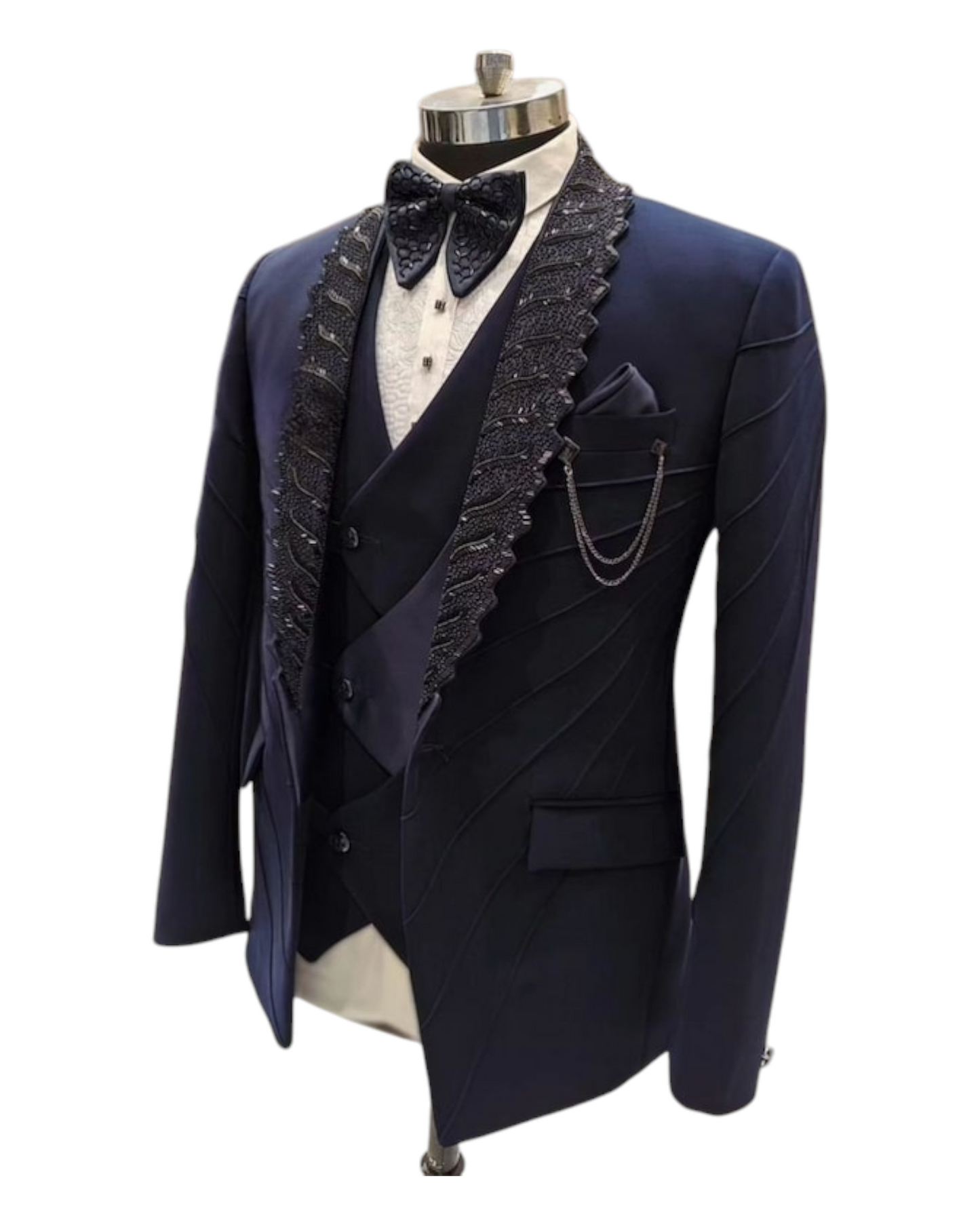 Black Hand Embroidered Tuxedo Suit, Zari Black Cutdana Work Tuxedo Suit, Hand Embroidered Designer 3Piece & Bow Tuxedo suit,  wedding party suit, custom size