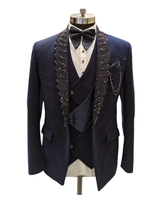 Black Hand Embroidered Tuxedo Suit, Zari Black Cutdana Work Tuxedo Suit, Hand Embroidered Designer 3Piece & Bow Tuxedo suit,  wedding party suit, custom size