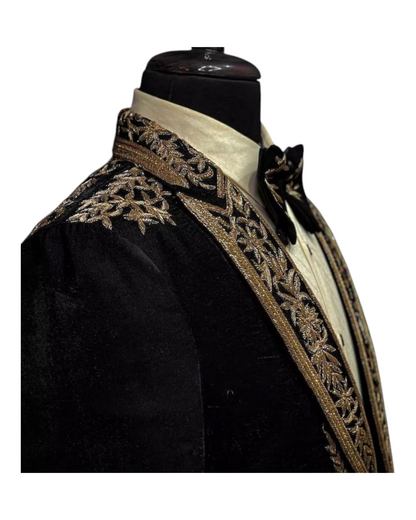 Royal Black Hand embroidered Tuxedo suit, zari golden work tuxedo suit, Indian wedding suit, tuxedo