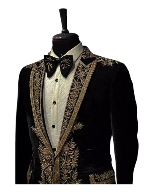 Royal Black Hand embroidered Tuxedo suit, zari golden work tuxedo suit, Indian wedding suit, tuxedo