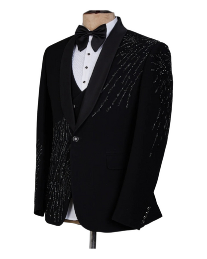 Men's Black Wedding Special Cut Work Designer Tuxedo Suit |Single Laple Black Satin| Men's Customise Designer Stylish 3Piece Tuxedo Suit | Groom Special Tuxedo Suit