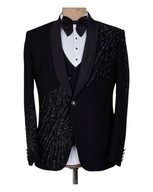 Men's Black Wedding Special Cut Work Designer Tuxedo Suit |Single Laple Black Satin| Men's Customise Designer Stylish 3Piece Tuxedo Suit | Groom Special Tuxedo Suit