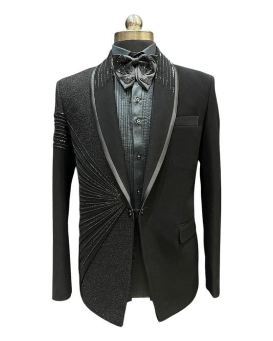 Black Hand embroidered Tuxedo suit, black cutdana work tuxedo suit, Hand Embroidered Designer Tuxedo suit, mens wedding suit