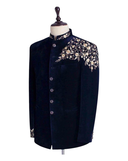Black Jodhpuri, Resham embroidered men velvet jodhpuri suit, 2piece Jodhpuri suit