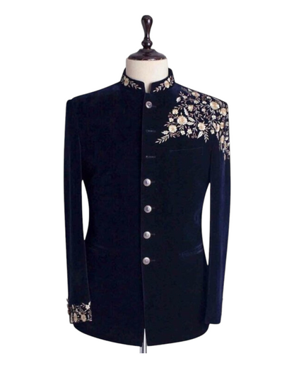 Black Jodhpuri, Resham embroidered men velvet jodhpuri suit, 2piece Jodhpuri suit