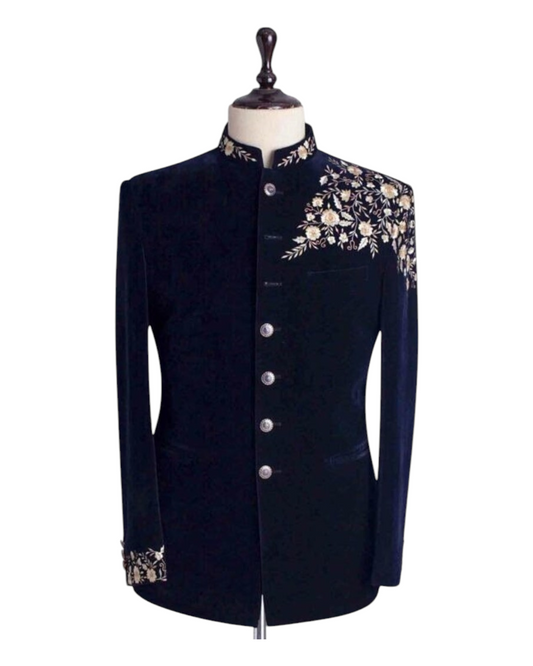 Black Jodhpuri, Resham embroidered men velvet jodhpuri suit, 2piece Jodhpuri suit