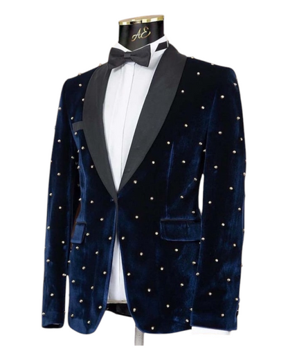 Pearl Embroidered Blue Velvet Tuxedo Suit , Single Laple black Satin With Bow