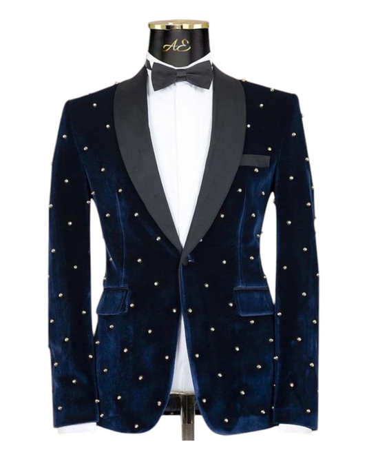 Pearl Embroidered Blue Velvet Tuxedo Suit , Single Laple black Satin With Bow