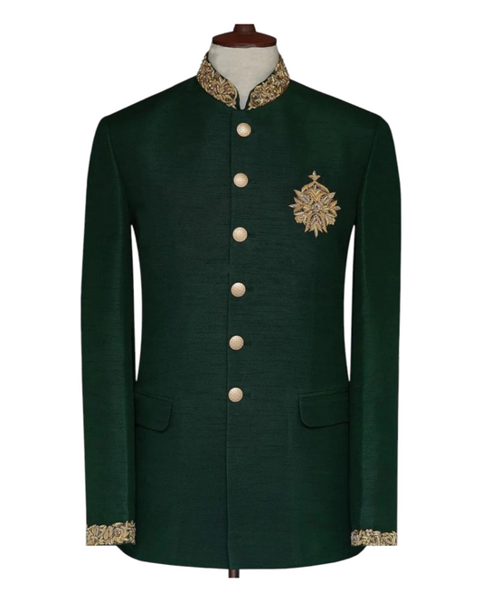 Green silk embroidered hand embroidered jodhpuri suit men for groom and wedding,Men Bandhgala Party Suit